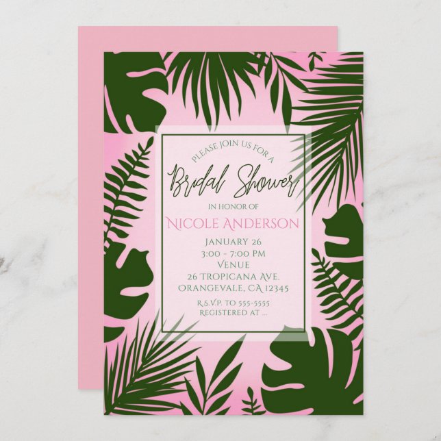 Pink Tropical Green Leaves Summer Bridal Shower Invitation (Front/Back)