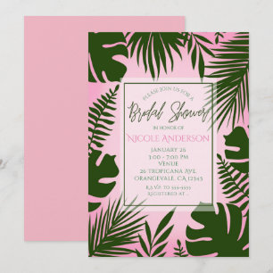 Pink Tropical Green Leaves Summer Bridal Shower Invitation