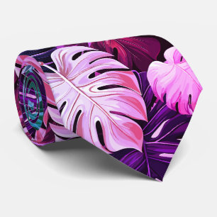 Pink Tropical Hawaiian monstera pattern  Tie