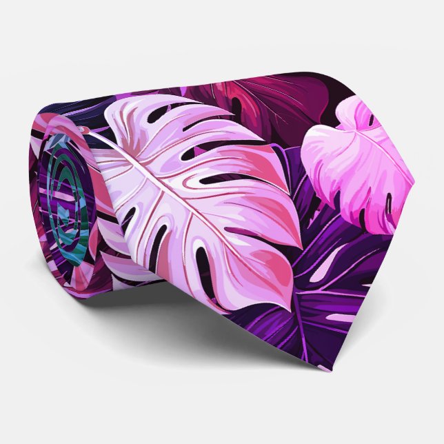 Pink Tropical Hawaiian monstera pattern  Tie (Rolled)