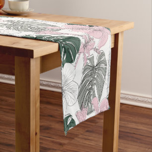 Pink Tropical Hibiscus and Green Monstera leaves Short Table Runner