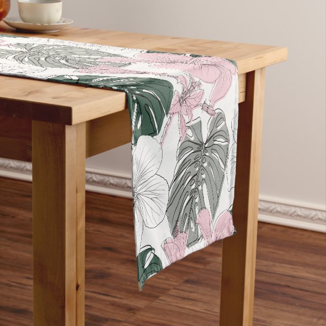 Pink Tropical Hibiscus and Green Monstera leaves Short Table Runner (In Situ)