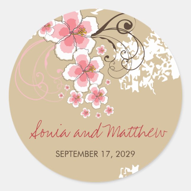 Pink Tropical Hibiscus Beach Wedding Stickers (Front)