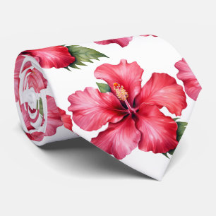Pink Tropical Hibiscus Floral Flower Faux Silk Tie