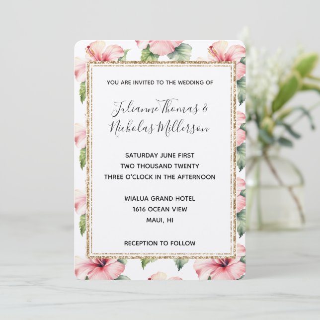 Pink Tropical Hibiscus Floral Wedding Invites (Standing Front)