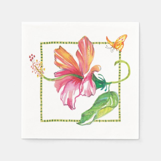 Pink Tropical Hibiscus Flower Orange Butterfly Napkin (Front)