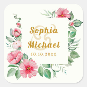 Pink Tropical Hibiscus Flowers and Lush Green Square Sticker
