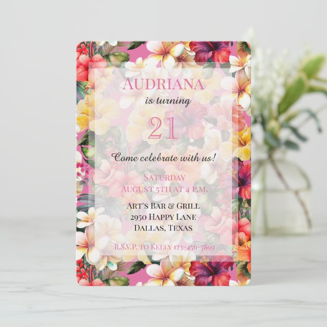 Pink Tropical Hibiscus Flowers Birthday Invitation (Standing Front)