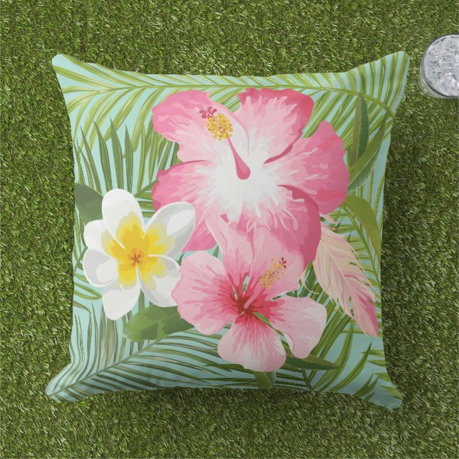 Pink Tropical Hibiscus Flowers Cushion (Grass)