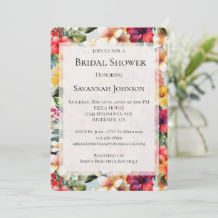 Pink Tropical Hibiscus Flowers Mint Bridal Shower Invitation