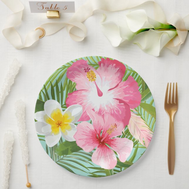 Pink Tropical Hibiscus Flowers Paper Plate (Wedding)