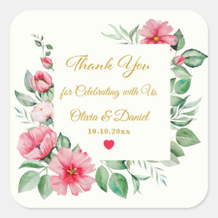 Pink Tropical Hibiscus Flowers & Thank You Wedding Square Sticker