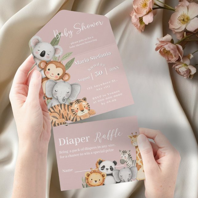 Pink Tropical Jungle Safari Baby Shower Animals  All In One Invitation (Creator Uploaded)