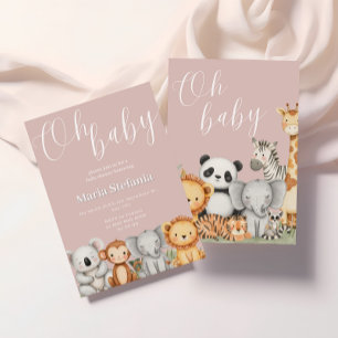 Pink Tropical Jungle Safari Baby Shower Animals Invitation