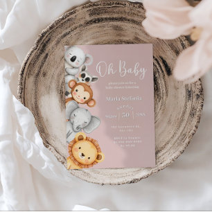 Pink Tropical Jungle Safari Baby Shower Animals Invitation
