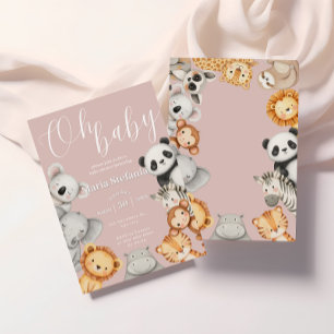 Pink Tropical Jungle Safari Baby Shower Animals Invitation