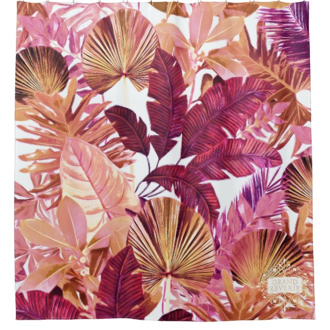 Pink Tropical Leaf Pattern Shower Curtain (Front)