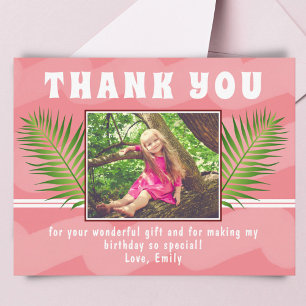 Pink Tropical Leaf Watercolor Girl Photo Birthday Thank You Card