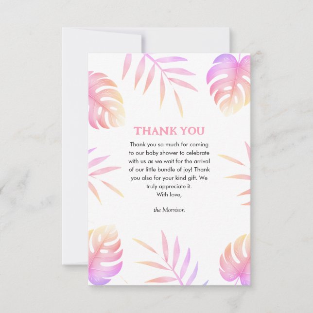 Pink Tropical Leaves Baby Shower Thank You Cards (Front)