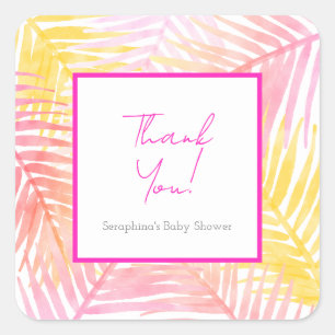 Pink Tropical Leaves Hawaiian Baby Shower Square Sticker