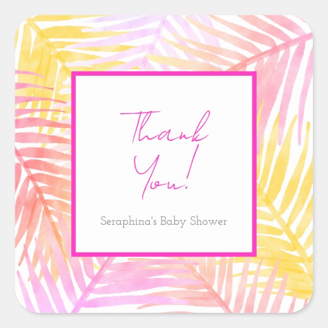 Pink Tropical Leaves Hawaiian Baby Shower Square Sticker (Front)