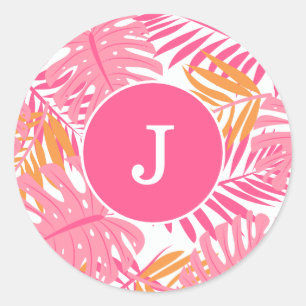 Pink Tropical Leaves Monogrammed Classic Round Sticker