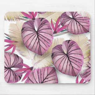 Pink tropical leaves mouse mat