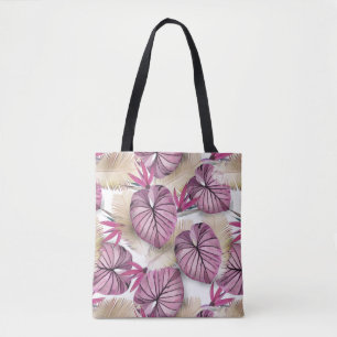 Pink tropical leaves tote bag