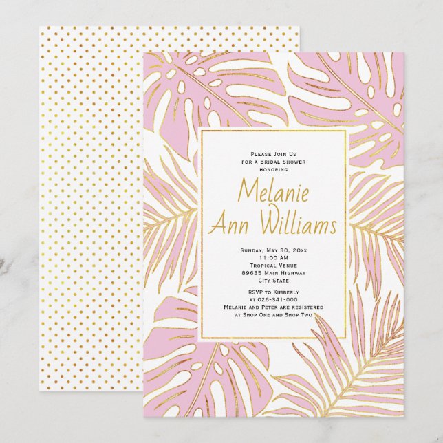 Pink tropical leaves wedding bridal shower invitation (Front/Back)