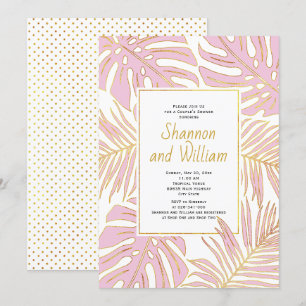 Pink tropical leaves wedding couple's shower invitation