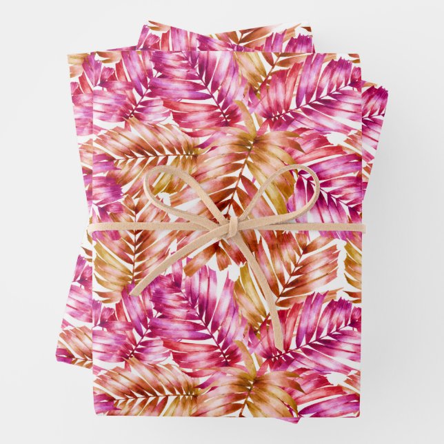 Pink Tropical Leaves Wrapping Paper Sheet (In situ)
