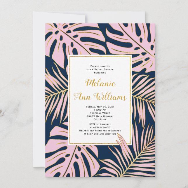 Pink tropical leavesn navy wedding bridal shower invitation (Front)