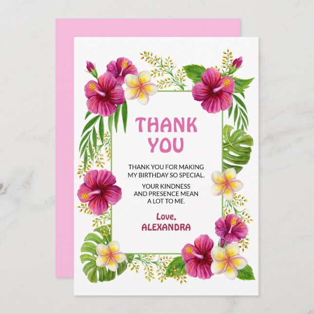 Pink Tropical Luau Birthday Girl Watercolor Thank You Card (Front/Back)