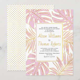 Pink tropical monstera and palm leaves wedding invitation