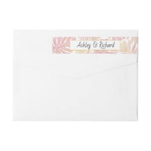 Pink tropical monstera and palm leaves wedding wrap around label