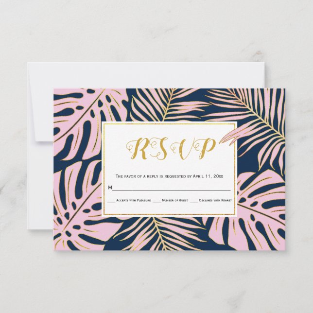 Pink Tropical monstera, palm leaves navy wedding RSVP Card (Front)