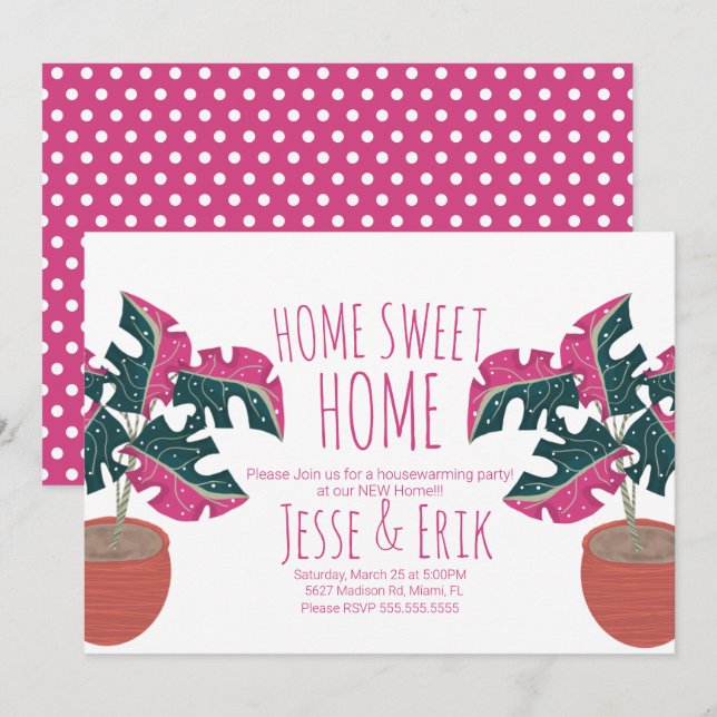 Pink Tropical Monstera Tree Housewarming Party Invitation (Front/Back)