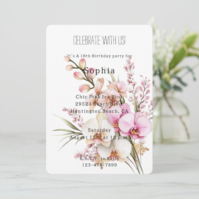 Pink Tropical Orchid Flowers Birthday Invitation (Standing Front)