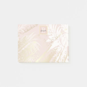 Pink tropical palm foliage gold monogram post-it notes