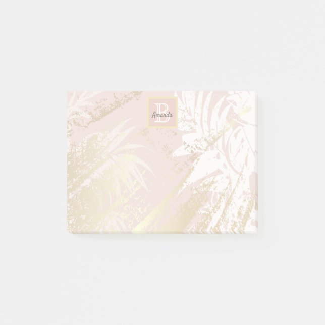 Pink tropical palm foliage gold monogram post-it notes (Front)