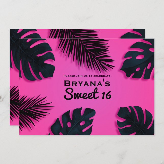 Pink Tropical Palm Leaves Luau Party Invitations (Front/Back)