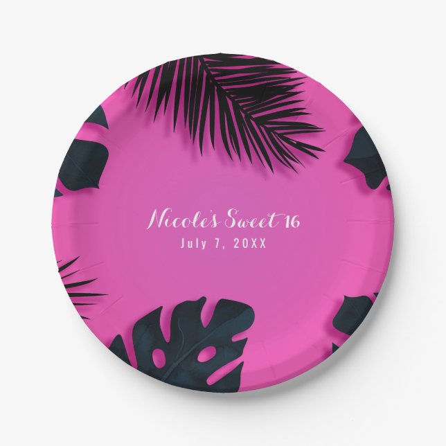 Pink Tropical Palm Leaves Luau Party Summer Chic Paper Plate (Front)