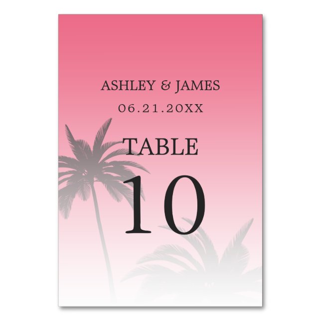 Pink Tropical Palm Tree Beach Wedding Table Number (Front)