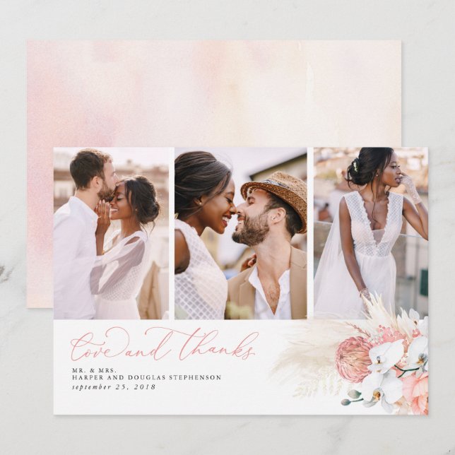 Pink Tropical Pampas Grass Wedding Thank You (Front/Back)