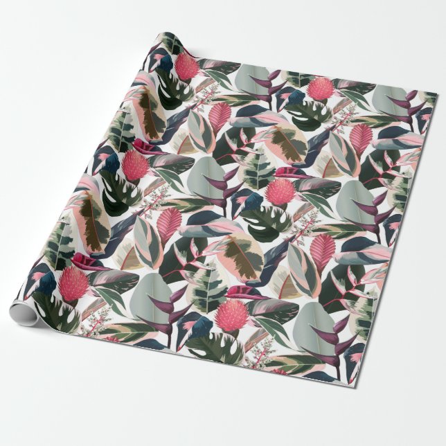 Pink Tropical Philodendron Houseplants Pattern Wrapping Paper (Unrolled)