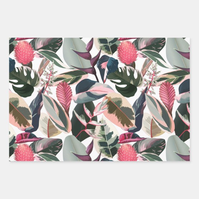 Pink Tropical Philodendron Houseplants Pattern Wrapping Paper Sheet (Front)