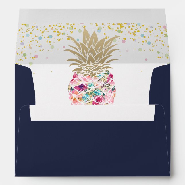 Pink Tropical Pineapple Navy Blue 5x7 Invitation Envelope (Back (Bottom))