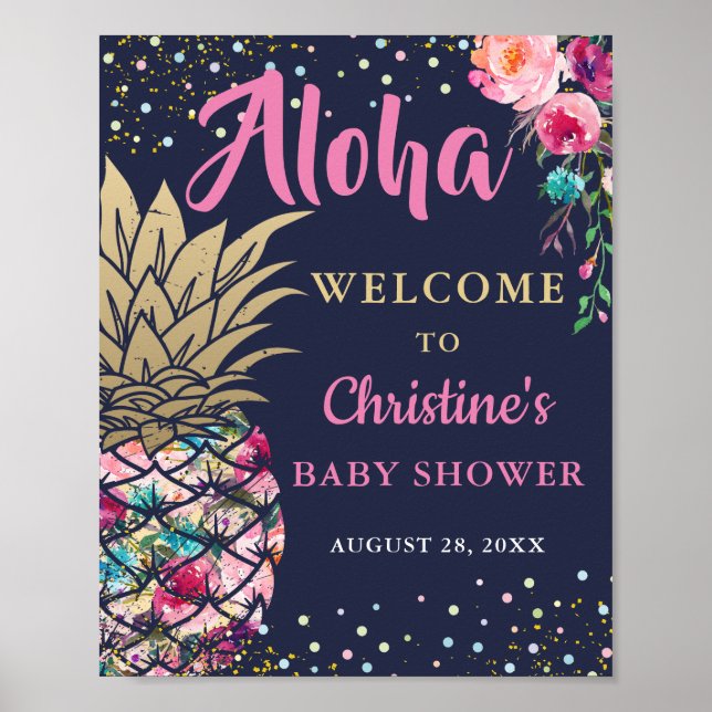 Pink Tropical Pineapple Navy Blue Baby Shower Poster (Front)