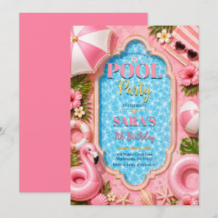 Pink Tropical Pool Party Birthday Invitation