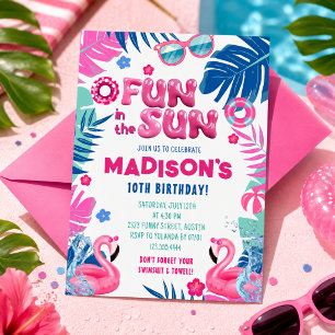 Pink Tropical Pool Party Birthday Invitation